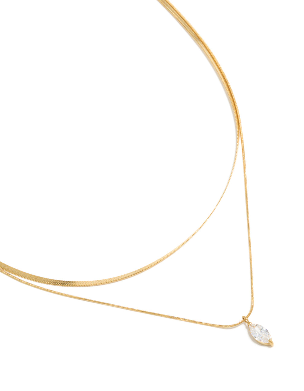 Showcasing a waterproof layered necklace with marquise cut cubic zirconia pendant crafted from stainless steel in gold plated finish close up view