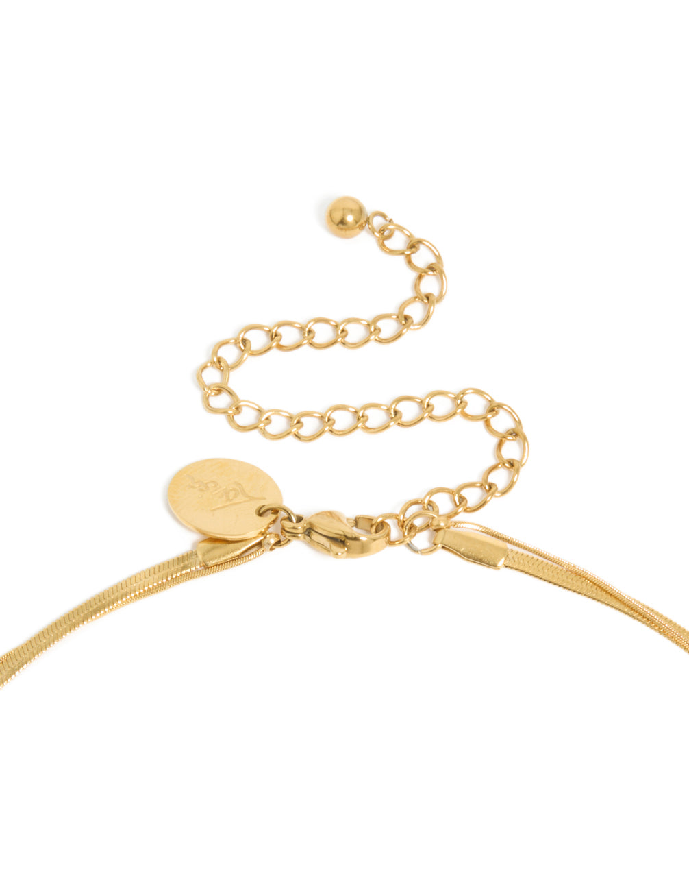 Highlighting a waterproof layered necklace with marquise cut cubic zirconia pendant crafted from stainless steel in gold plated finish clasp detail view