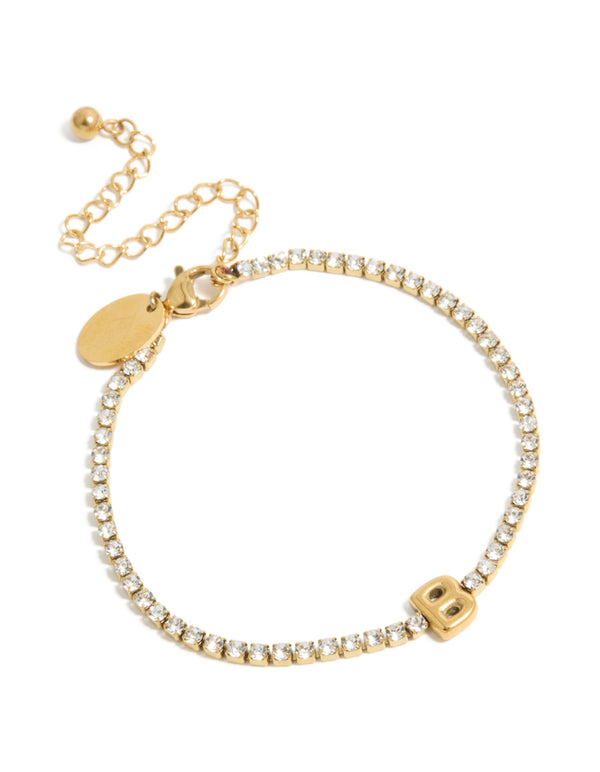 Waterproof Gold Plated Stainless Steel Cubic Zirconia Tennis Letter B Bracelet