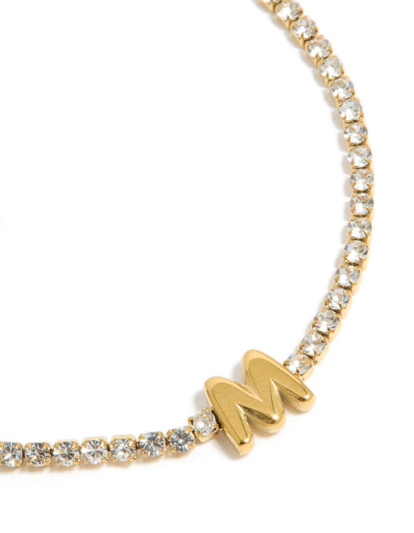 Waterproof Gold Plated Stainless Steel Cubic Zirconia Letter M Tennis Bracelet