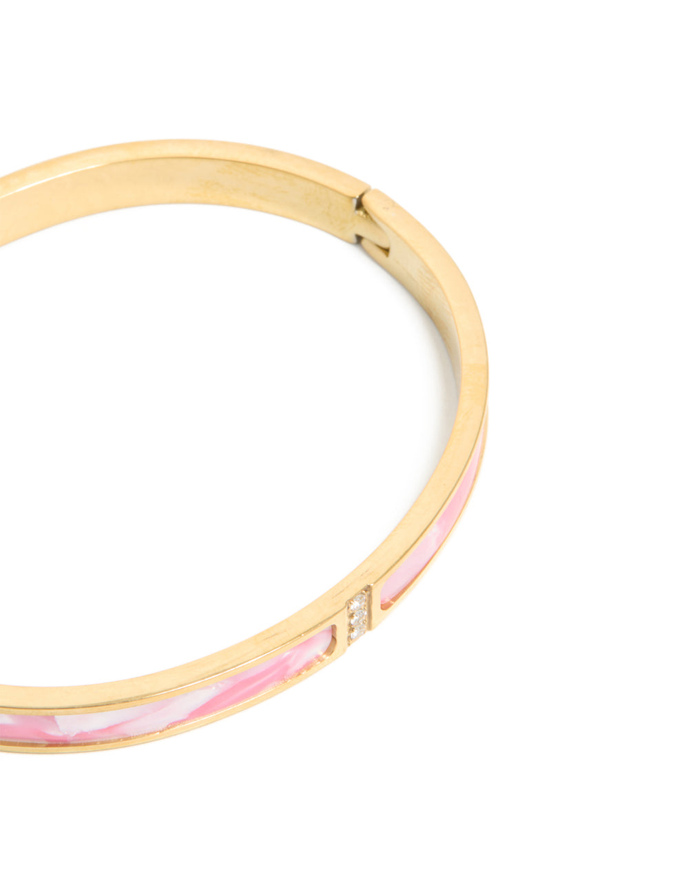 Elegant waterproof gold plated stainless steel pink pearlised inlay hinged bangle showcasing craftsmanship in close up view