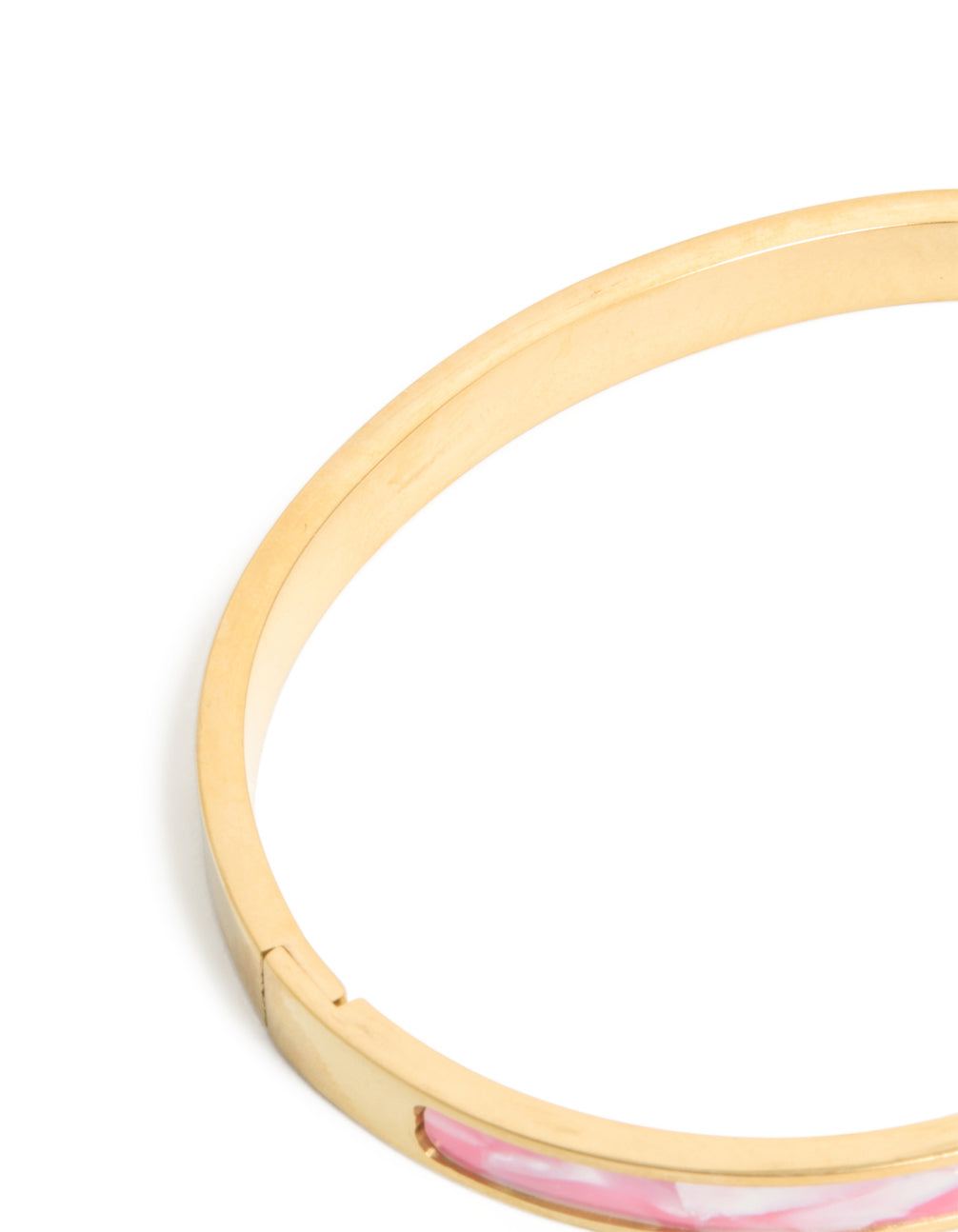 Highlighting waterproof gold plated stainless steel pink pearlised inlay hinged bangle in closure detail view