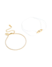 Waterproof Gold Plated Stainless Steel Cubic Zirconia Tennis & White Cord Bracelet Set - link has visual effect only