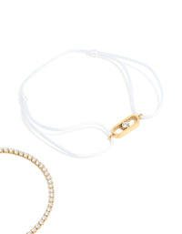 Waterproof Gold Plated Stainless Steel Cubic Zirconia Tennis & White Cord Bracelet Set - link has visual effect only