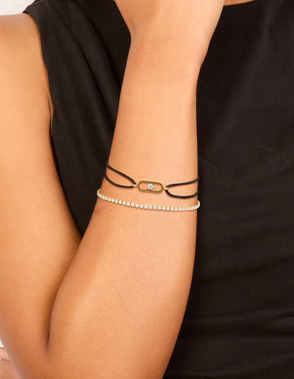 Waterproof Gold Plated Stainless Steel Cubic Zirconia & Black Cord Tennis Bracelet Set