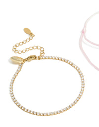 Waterproof Gold Plated Stainless Steel Cubic Zirconia & Pink Cord Tennis Bracelet Set - link has visual effect only
