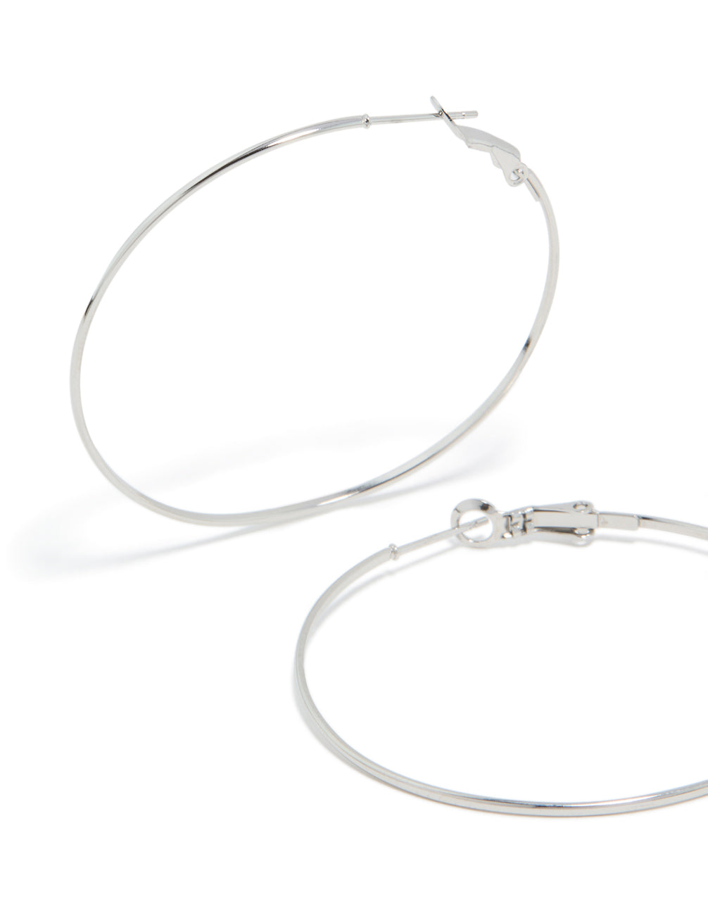 Highlighting surgical steel fine hoop earrings in silver, 50 MM close up view