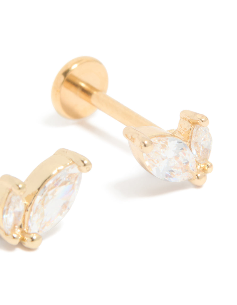 Elegant marquise cubic zirconia stud earrings in gold plated titanium with flat back closure in a post detail view