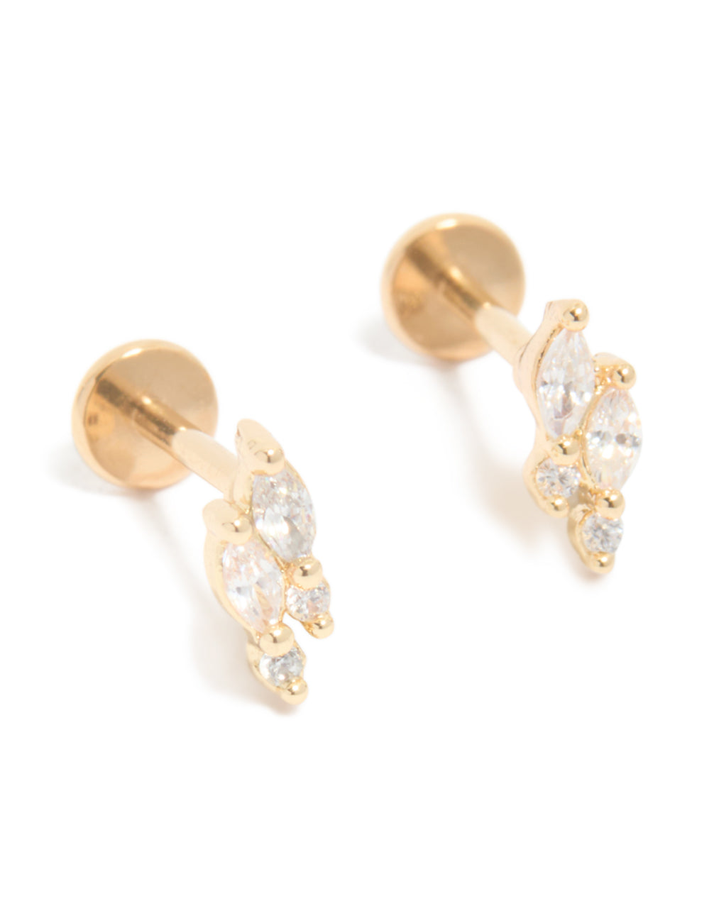 Showcasing gold plated titanium, cubic zirconia ,marquise cluster studs with flat back in a front view