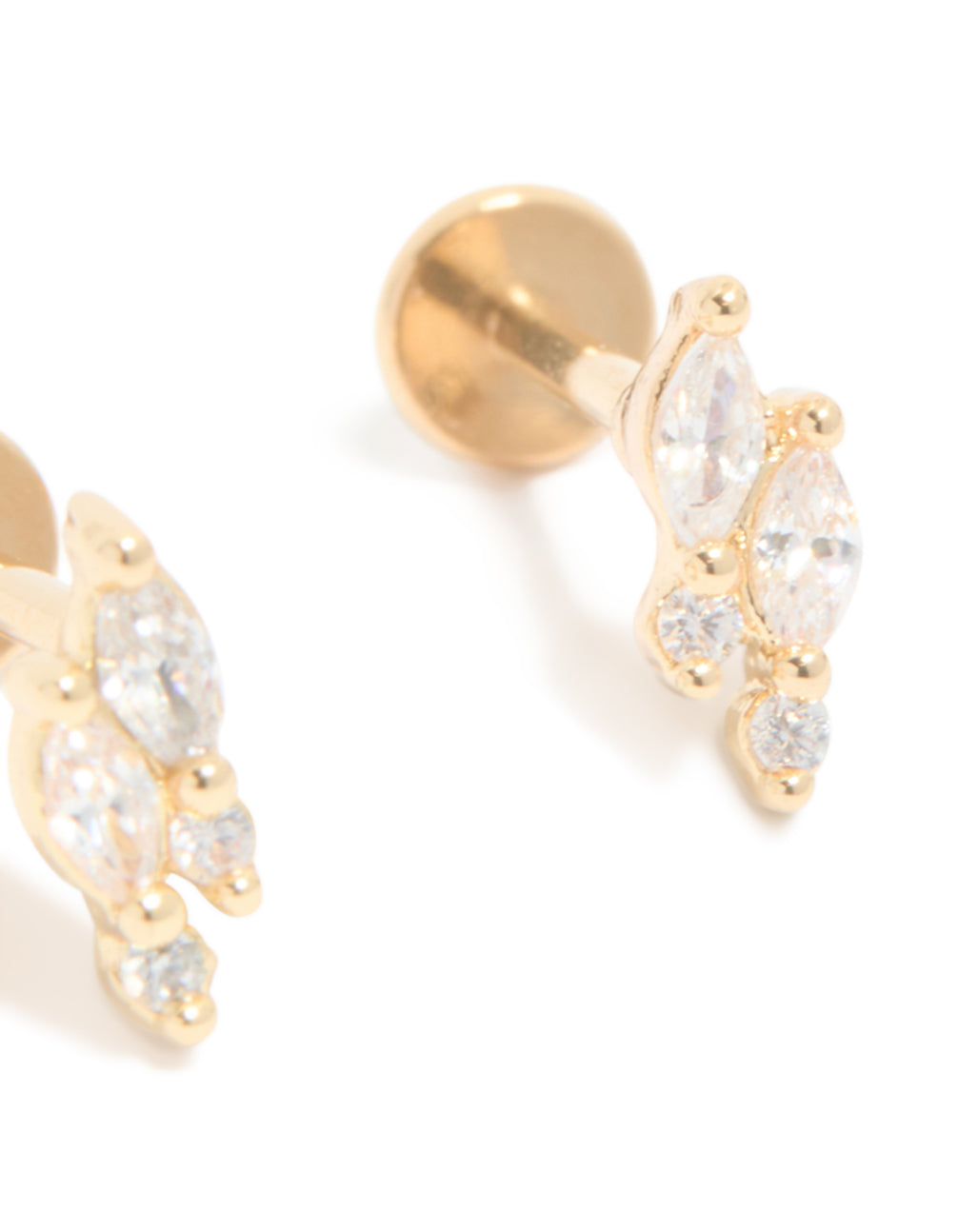 Featuring gold plated titanium, cubic zirconia ,marquise cluster studs with flat back in a post detail view