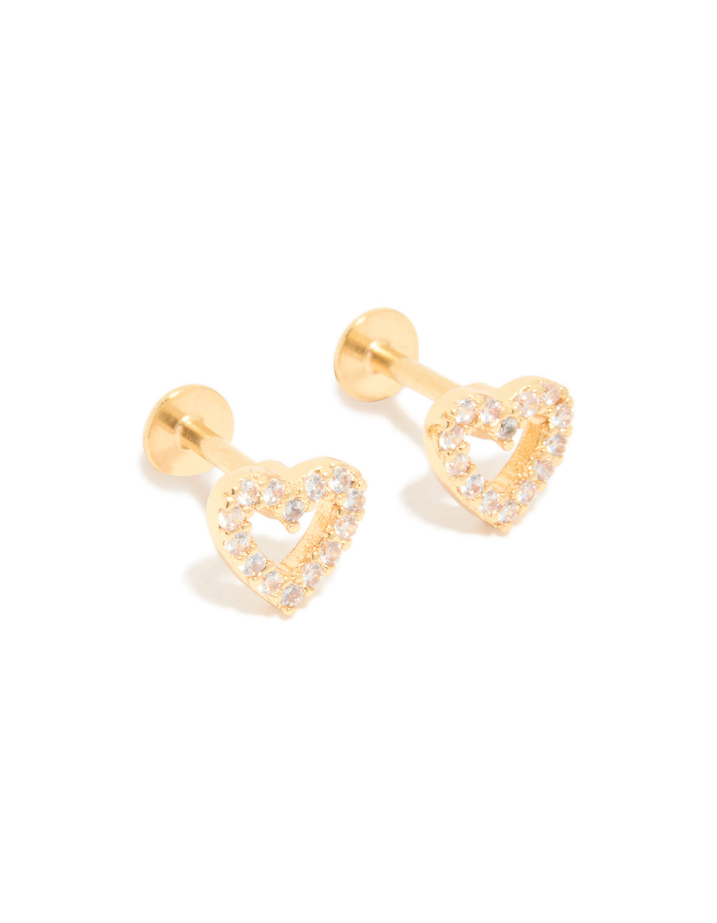 Crafted from gold plated titanium, these open heart flat back studs feature cubic zirconia in a front view