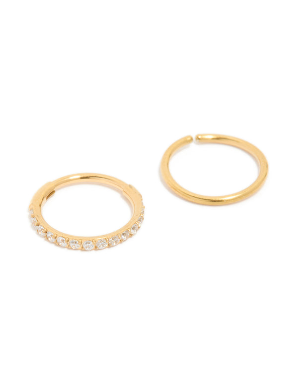 Gold Plated Surgical Steel Cubic Zirconia Hinged  & Plain Nose Rings 2-Pack