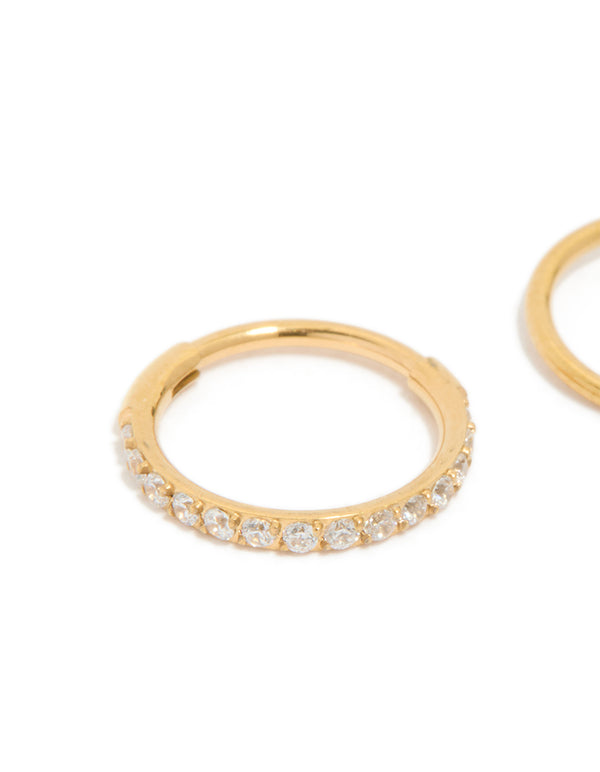 Gold Plated Surgical Steel Cubic Zirconia Hinged  & Plain Nose Rings 2-Pack