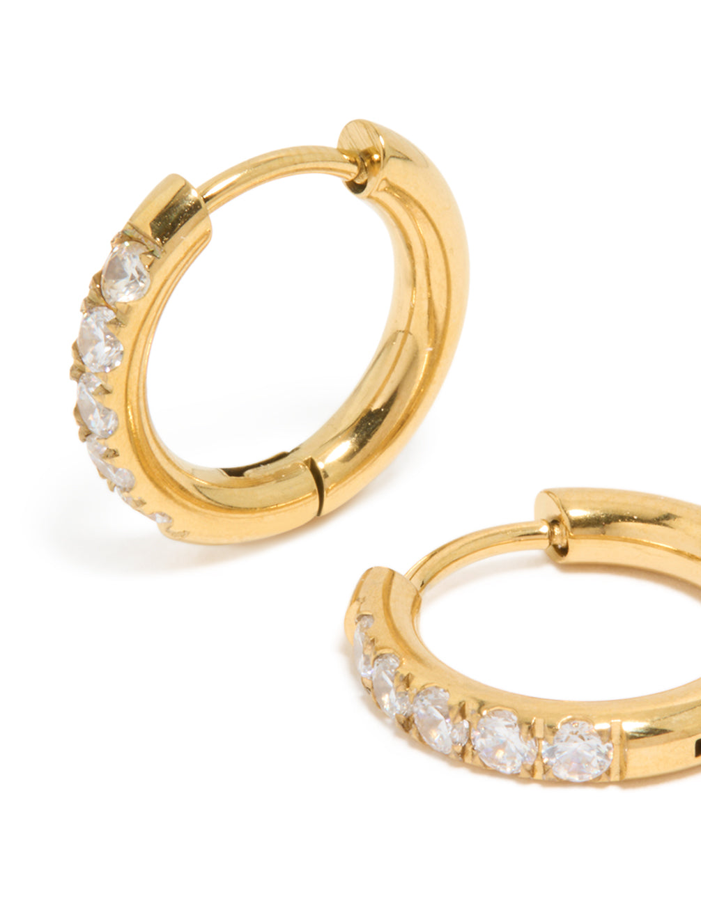 Showcasing chunky gold plated hoop earrings with cubic zirconia inlay and stainless steel construction close up view