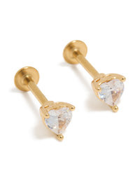 Showcasing heart-shaped cubic zirconia studs crafted from surgical steel with a flat back closure in gold front view - link has visual effect only