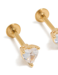 Highlighting heart-shaped cubic zirconia studs crafted from surgical steel with a flat back closure in gold close up view - link has visual effect only