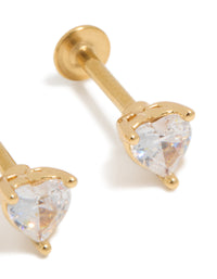 Featuring heart-shaped cubic zirconia studs crafted from surgical steel with a flat back closure in gold post detail view - link has visual effect only