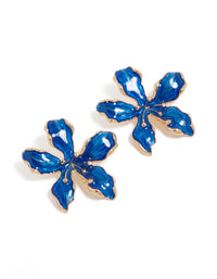 Gold Dark Blue Flower Stud Earrings - link has visual effect only