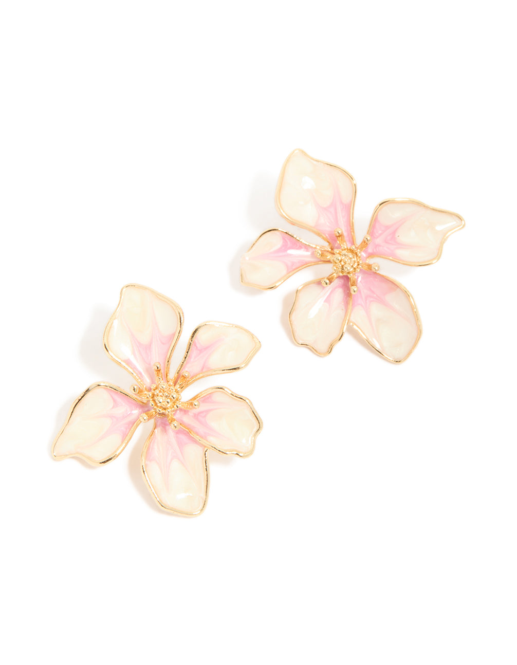 Gold White & Pink Painted Flower Stud Earrings