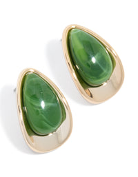 Gold Dark Green Beaded Pear Stud Earrings - link has visual effect only