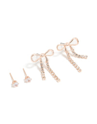 Rose Gold Diamante Stud & Cup Chain Bow Earrings 2- Pack - link has visual effect only