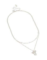 Silver Pearl & Diamante Bow Layered Necklace - link has visual effect only