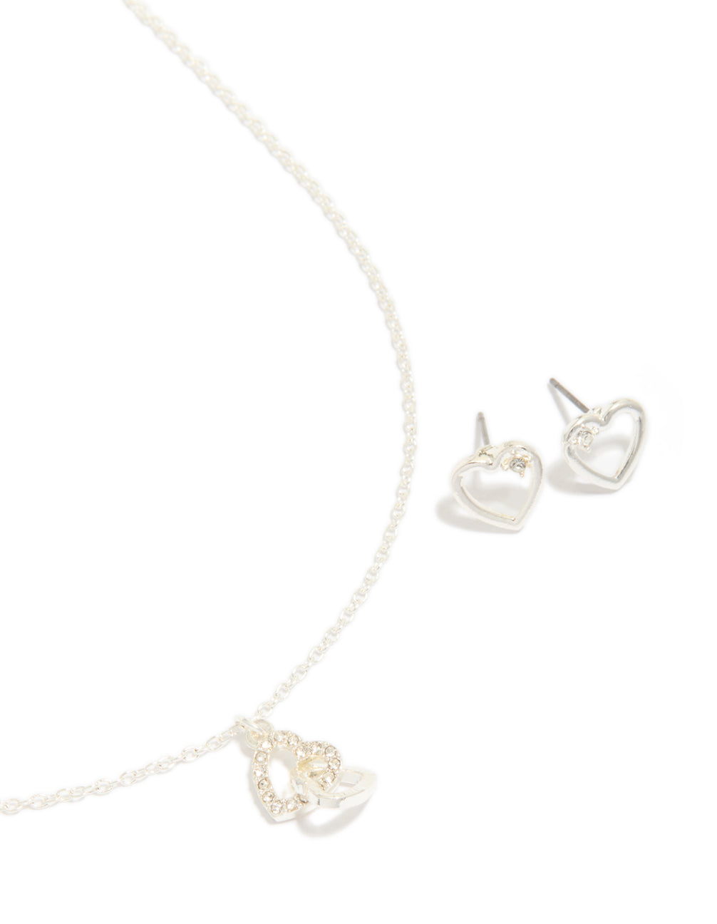 Silver Link Heart Diamante Necklace & Heart  Earrings Set