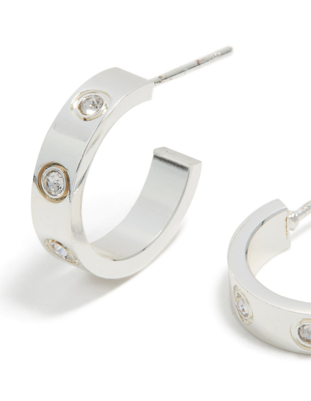 Featuring waterproof stainless steel square cubic zirconia hoop earrings in silver close up view