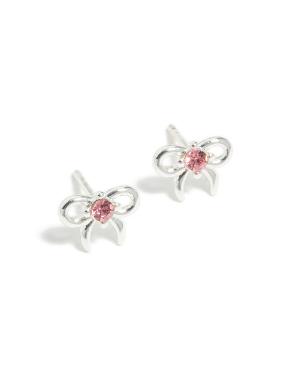 Kids Waterproof  Stainless Steel Bow & Pink Cubic Zirconia Stud Earrings