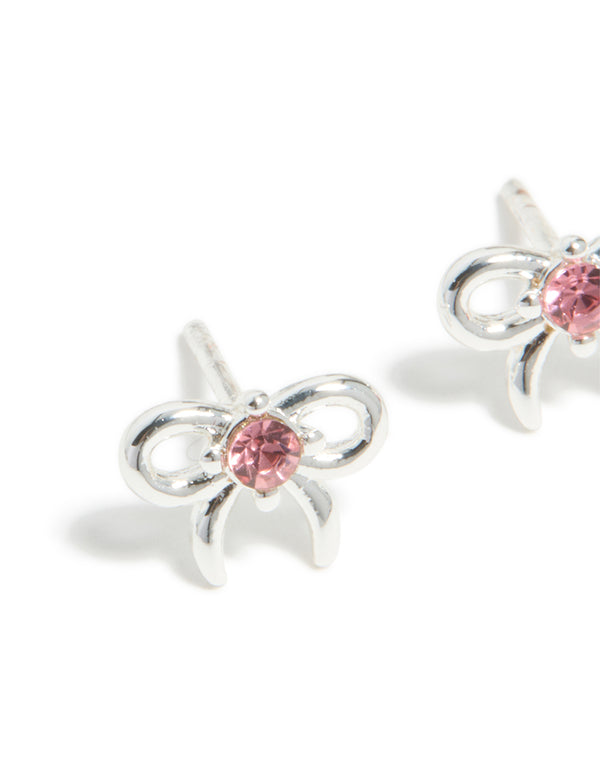 Kids Waterproof  Stainless Steel Bow & Pink Cubic Zirconia Stud Earrings