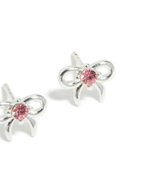 Kids Waterproof  Stainless Steel Bow & Pink Cubic Zirconia Stud Earrings