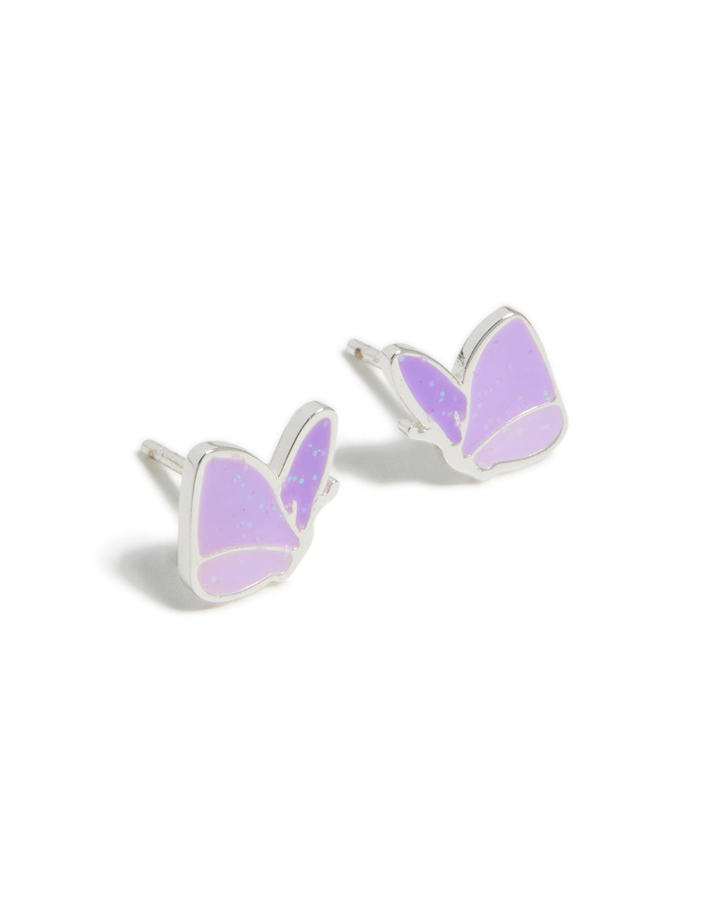 Crafted from waterproof stainless steel purple butterfly kids stud earrings featuring glitter in medium orchid lavender and silver front view