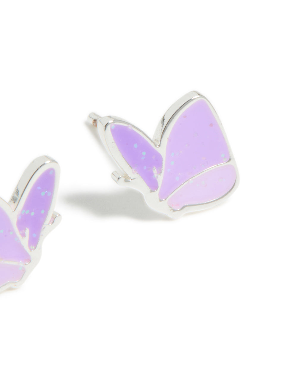 Showcasing waterproof stainless steel purple butterfly kids stud earrings with glitter in medium orchid lavender and silver post detail view