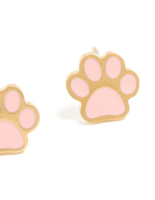 Kids Waterproof Gold Plated Stainless Steel Paw Stud Earrings
