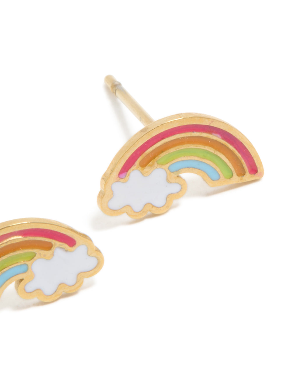 Presenting kids waterproof stainless steel rainbow stud earrings with celestial feature in colorful enamel and gold plated finish post detail view