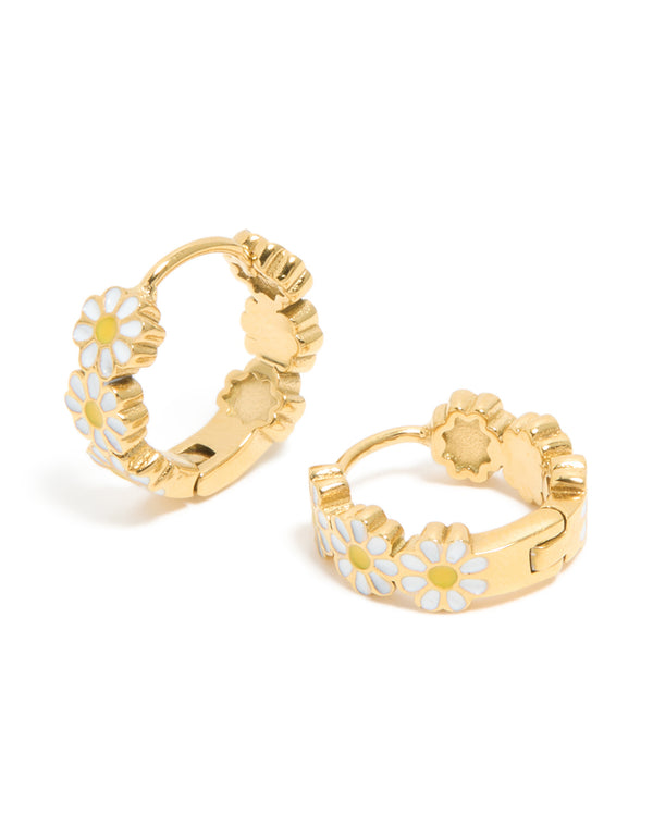 Kids Waterproof Gold Plated Stainless Steel Daisy Huggie Earrings