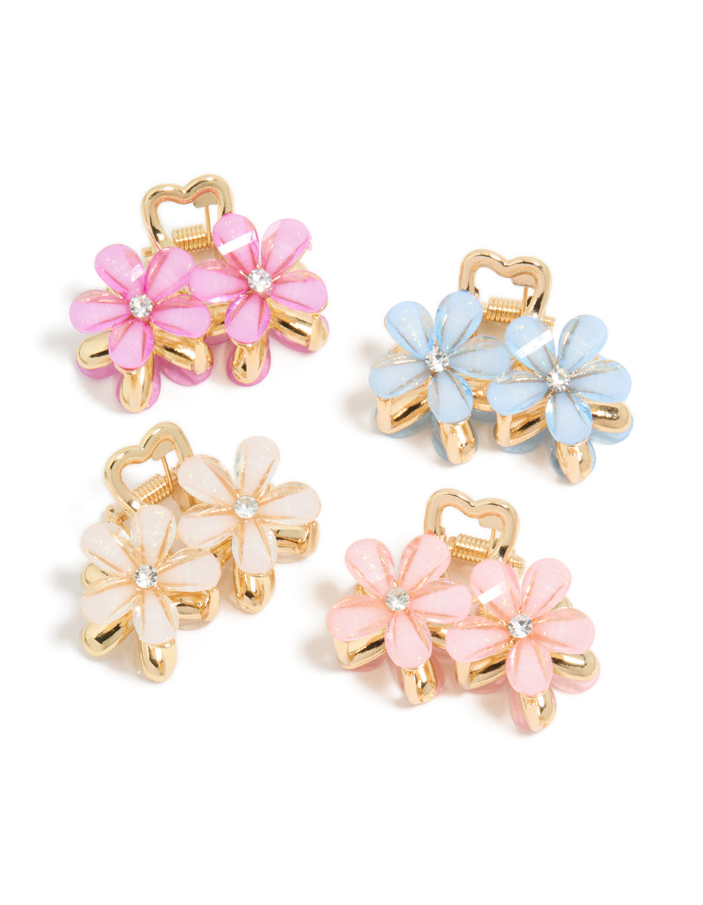 Showcasing gold double flower diamante claw clips in a 4-pack with clasp, pink and light blue accents front view