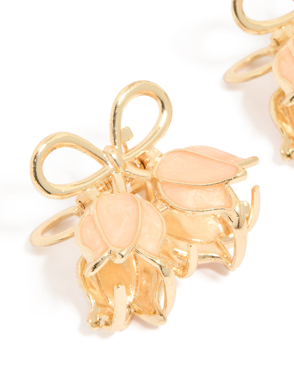 Featuring double tulips floral bow claw clips in gold dainty design, 2-pack accessories detail view