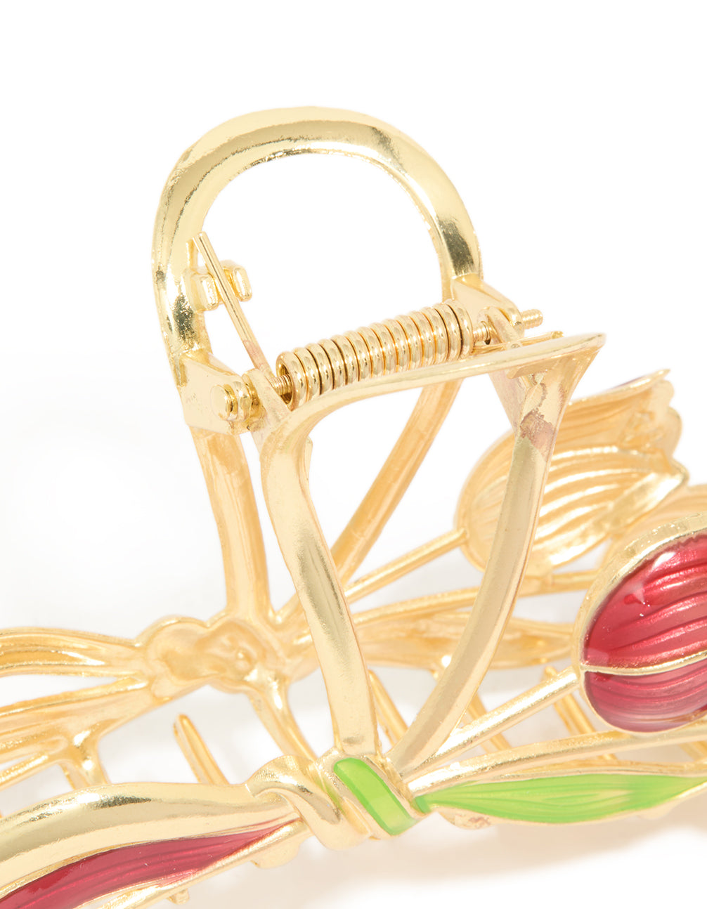 Close-up view of gold red tulips ribbon claw featuring floral accents in green detail view