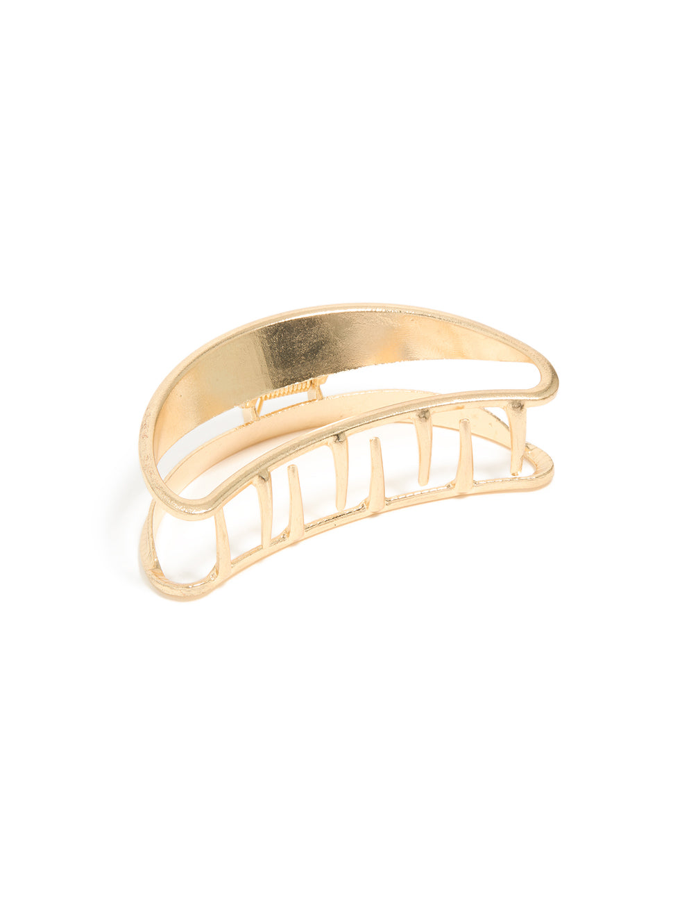 Featuring a gold half moon claw clip front view