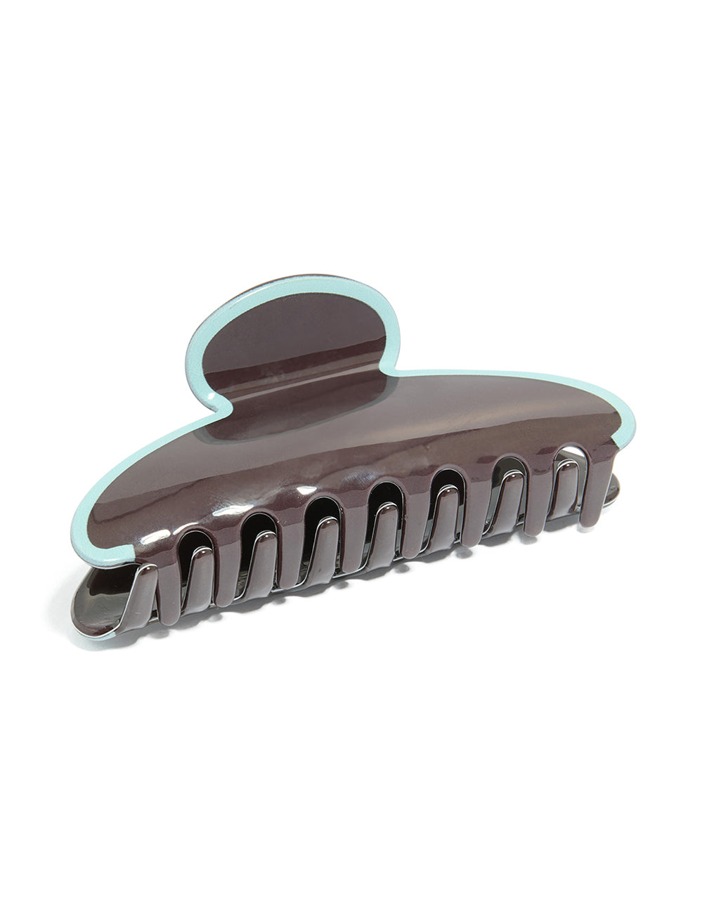 Chocolate brown acrylic claw clip with pale blue outline front view