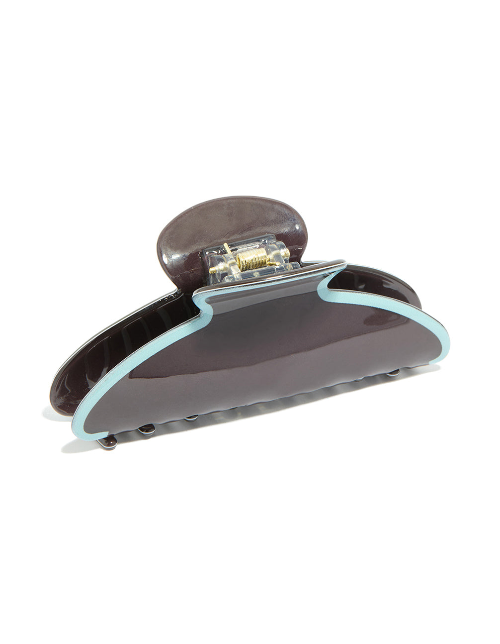 Featuring a chocolate brown acrylic claw clip with pale blue outline side view