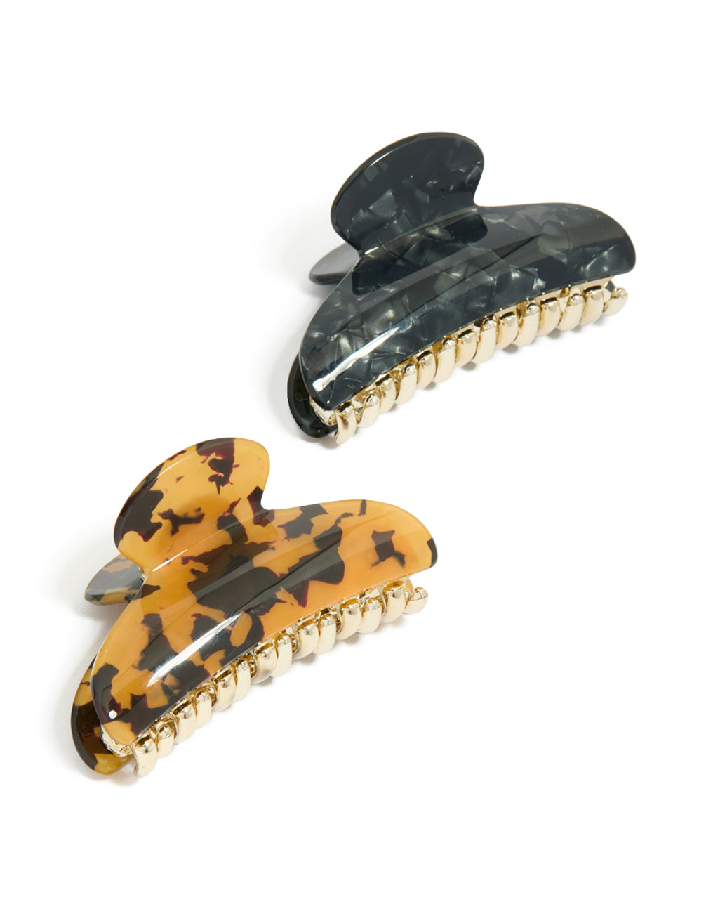 Tortoiseshell and black acrylic curved claw clips in a 2-pack with gold accents front view