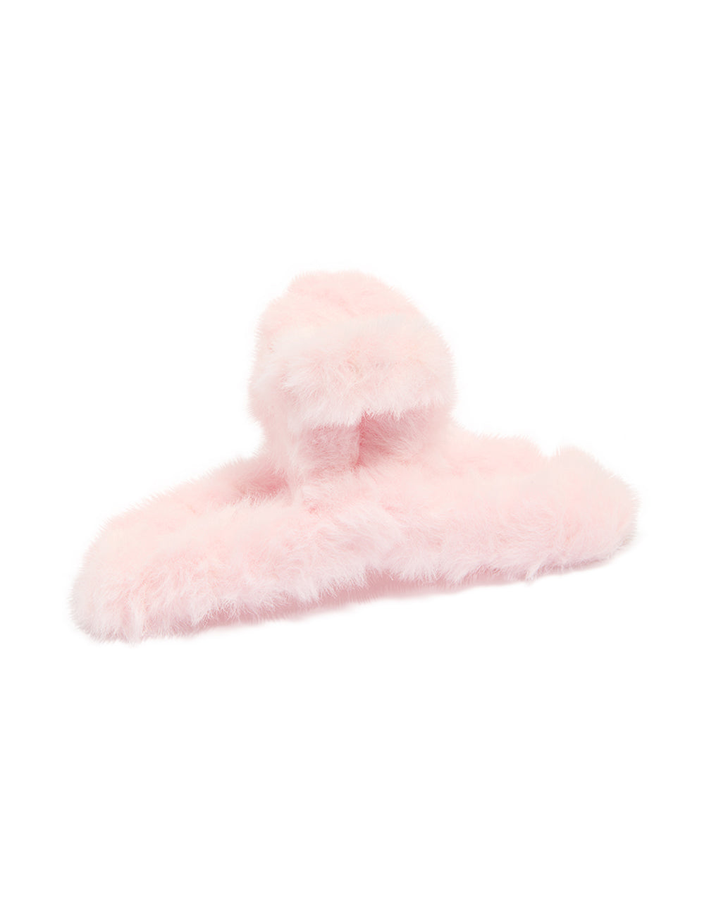 Featuring a pink faux fur fabric claw clip front view