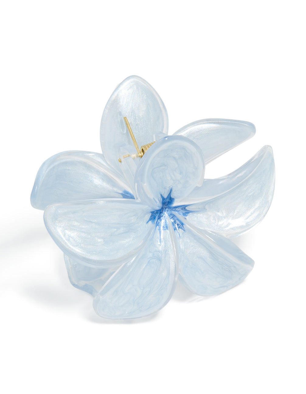 Presenting a light blue clear edge frangipani flower claw clip with floral design side view