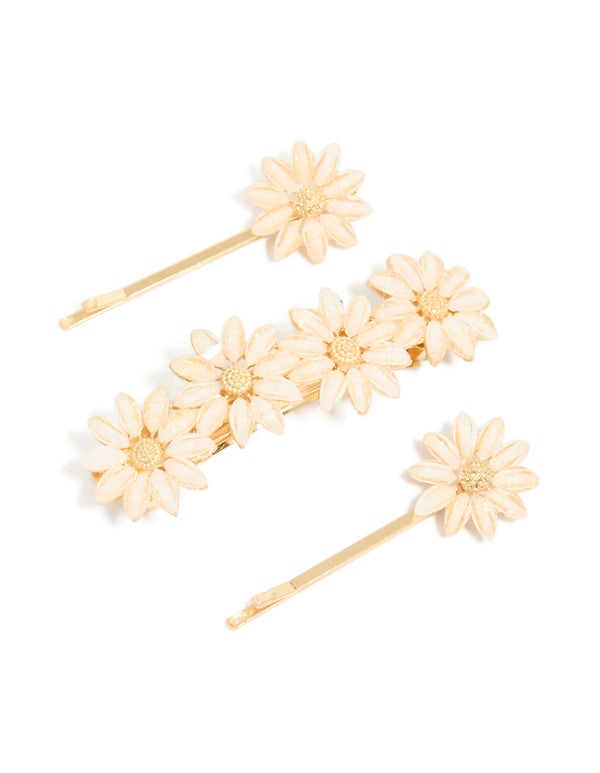Gold Pink Detailed Flowers Hair Clips 3-Pack