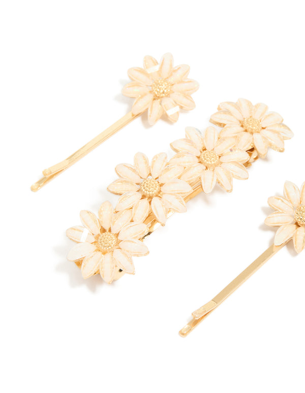 Gold Pink Detailed Flowers Hair Clips 3-Pack