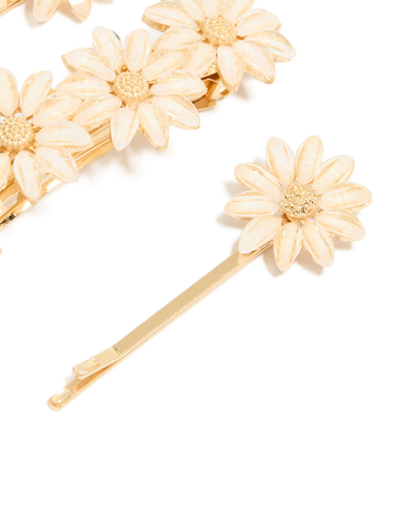Gold Pink Detailed Flowers Hair Clips 3-Pack