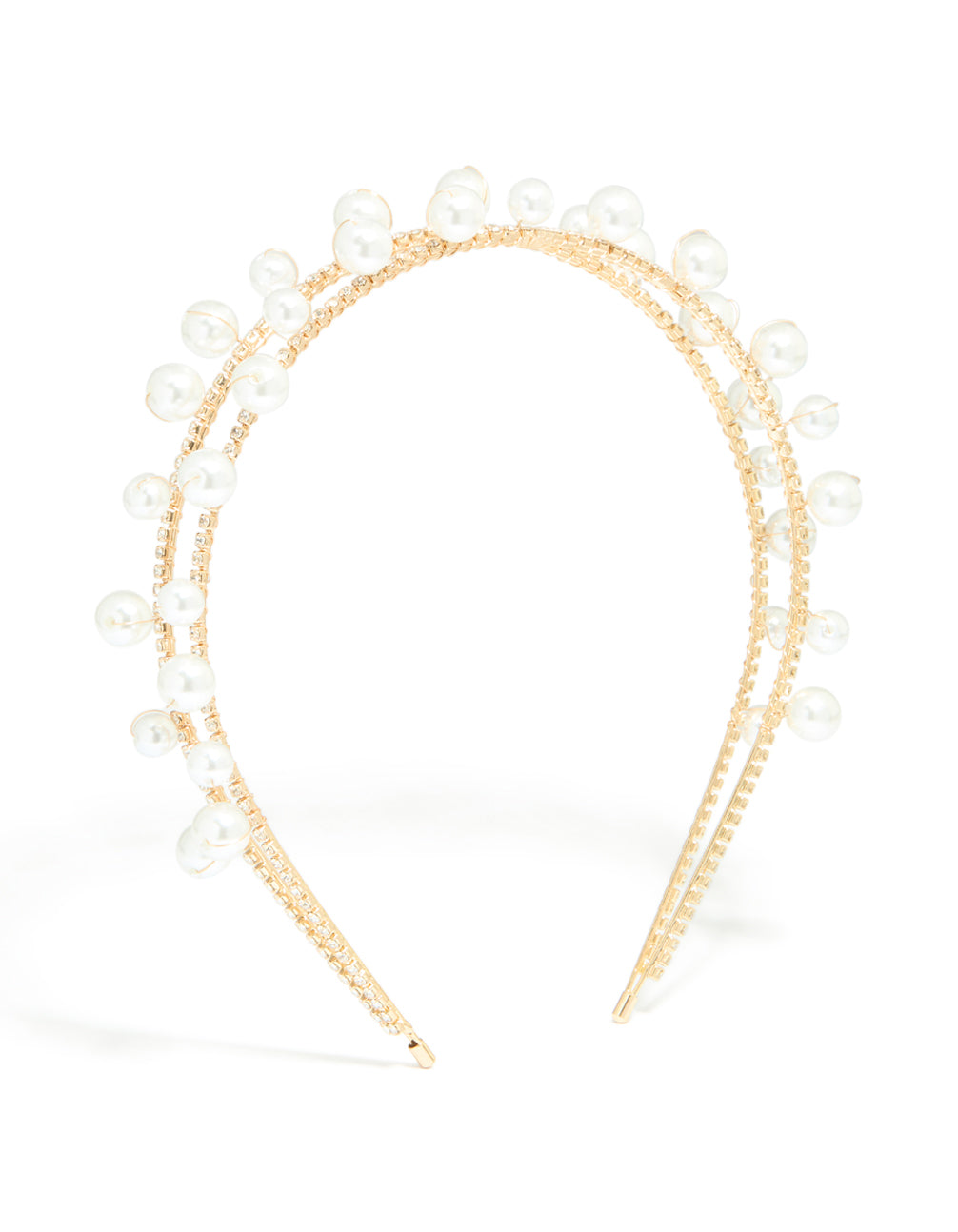 Showcasing a gold scattered pearl double headband with white accents in a statement style front view