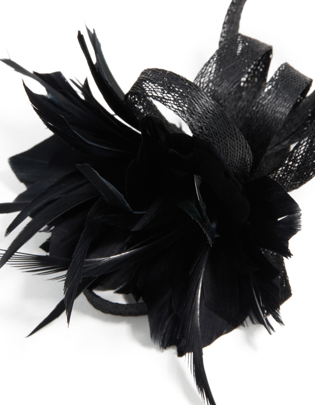 Stylish black loop feather hair clip with accents detail, side view